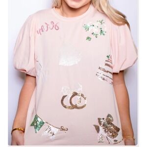 BOMB Designs Pink Sequin Bridal Mrs Puff Sleeve T-Shirt Wedding Bachelorette M